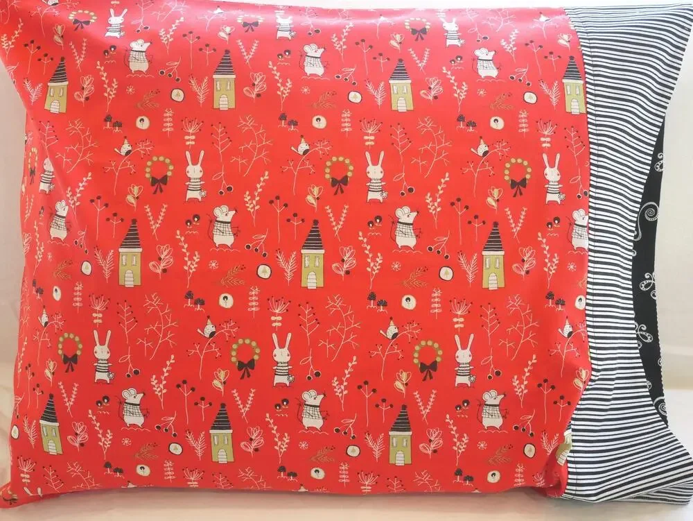 Christmas Critters Pillowcases: Red Cotton Standard Size Pillow Covers